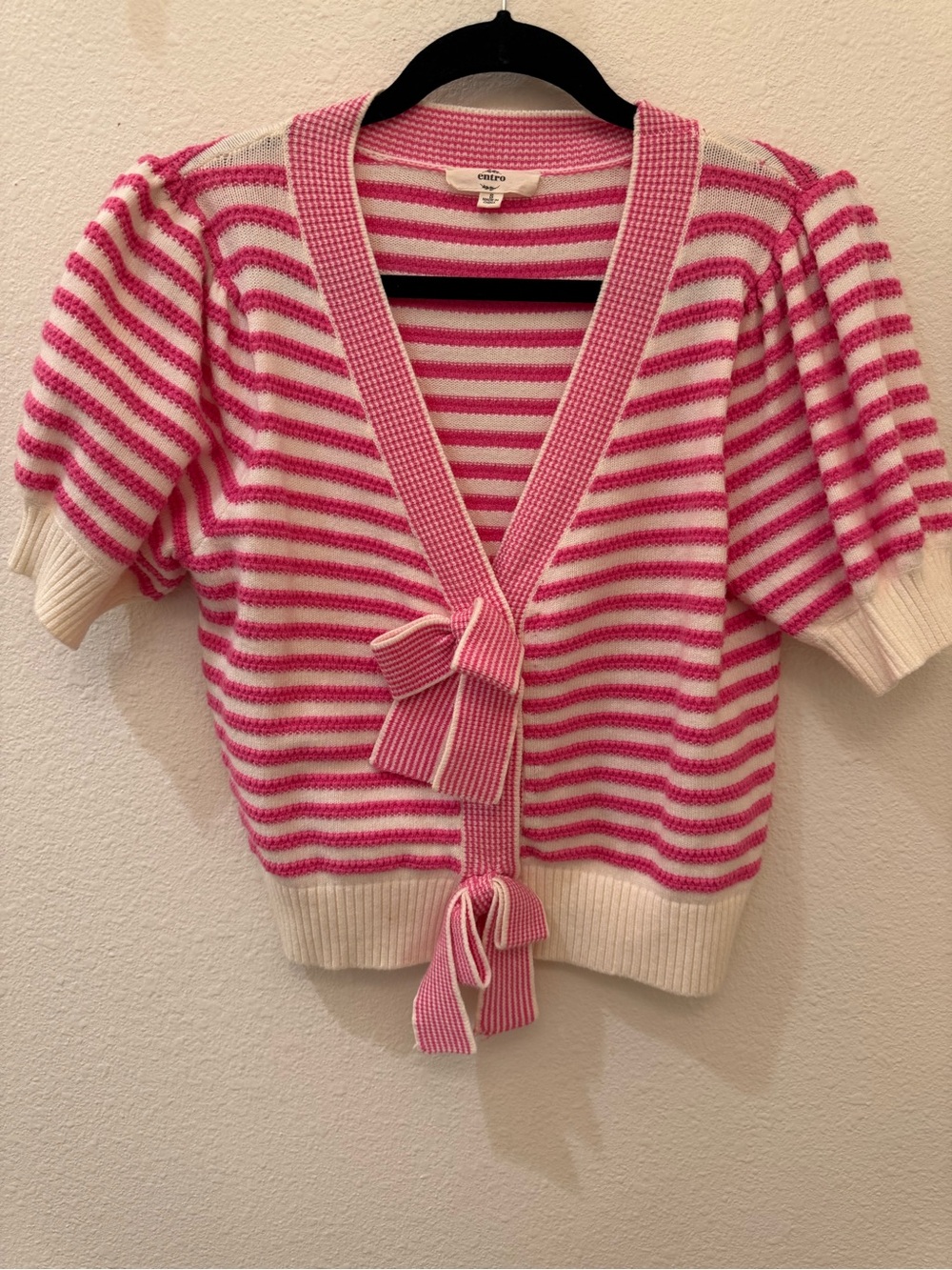 entro Pink and White Striped Tie-Front Short Sleeve Cardigan